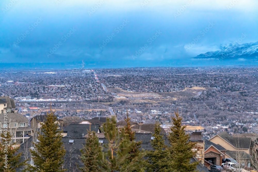 Salt Lake City Utah views with panoramic landscape of downtown on a cloudy day