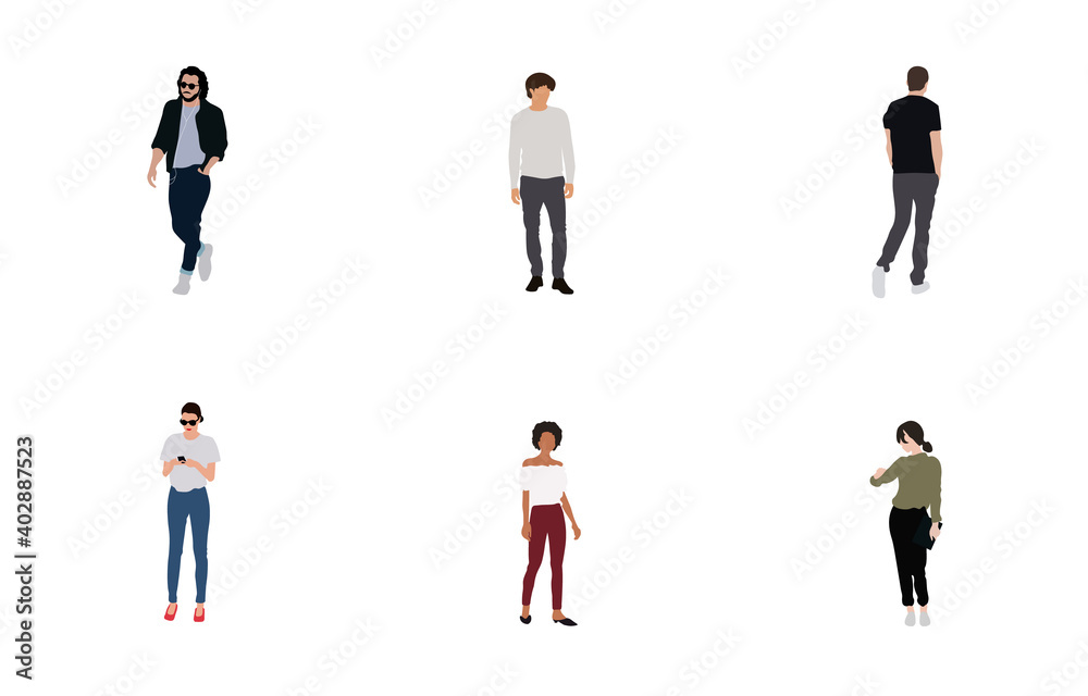 Vector young people with different types of work. People on vacation png. Work, activity, leisure, walk, man and woman. Vector image.