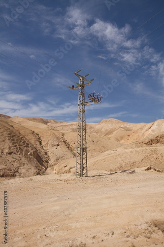 High-voltage pylon in Negev desert, Israel