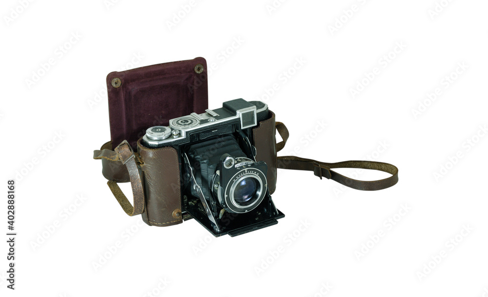 Câmara fotográfica antiga com objectiva de fole em papel e mala de protecção em couro castanho - aberta