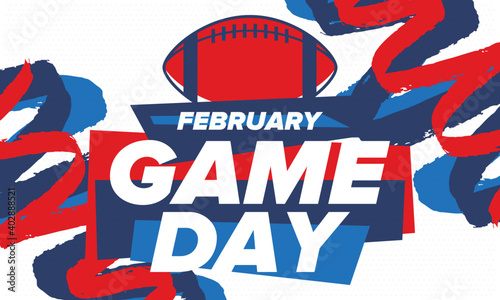 Game Day. American football playoff. Super Bowl Party in United States. Final game of regular season. Professional team championship. Ball for american football. Sport poster. Vector illustration
