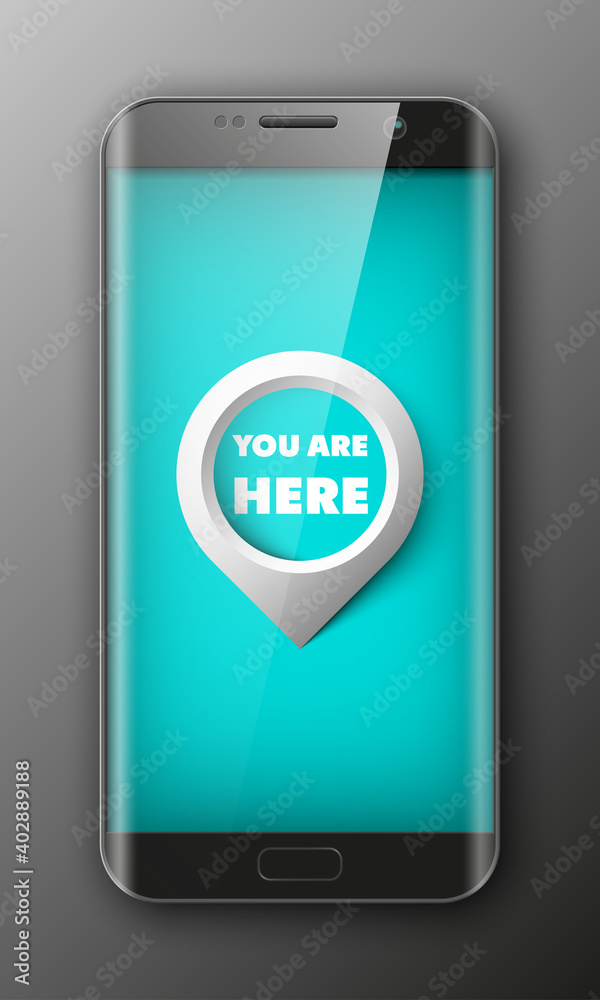 Smartphone, mobile phone isolated with pointers to determine your location, realistic illustration. Smartphone, mobile phone isolated with pointers to determine your location, realistic illustration.