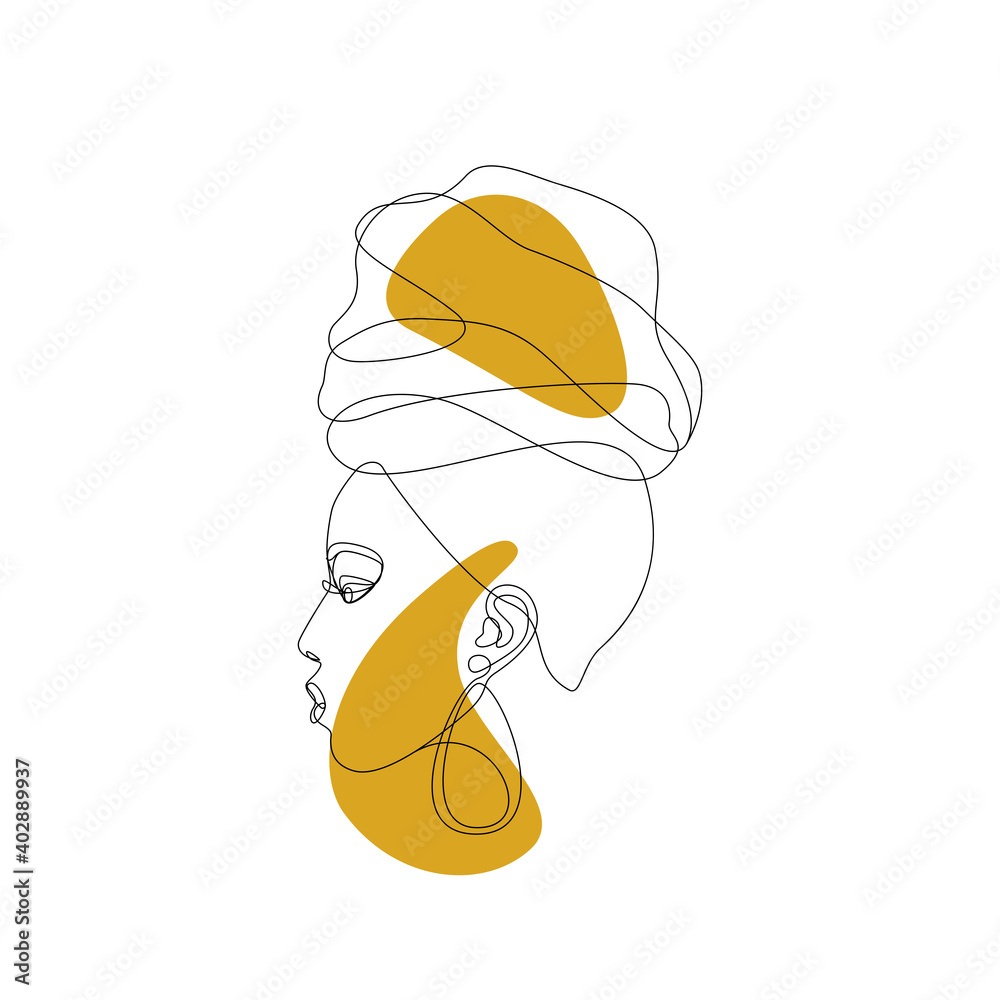 Abstract poster with a minimal face of a woman in a turban. One line drawing style in Gold of Fortune. Vector illustration.