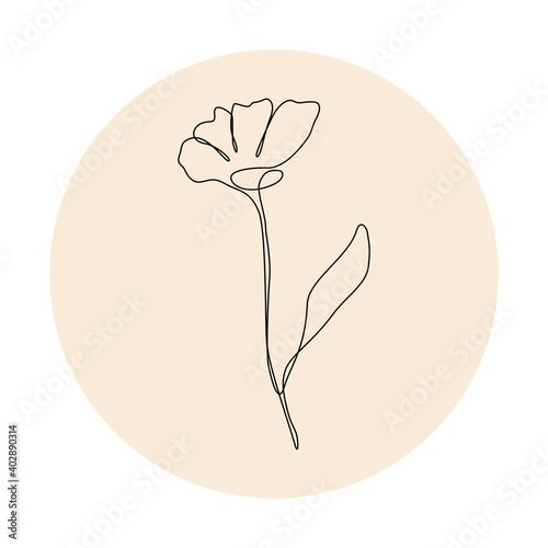 Abstract poster with minimalistic flower. One line drawing style. Vector illustration on isolated background.