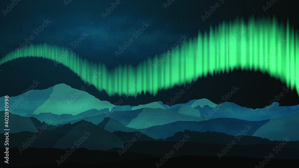 Aurora borealis . illustration of mountain landscape with northern lights. Vector illustration