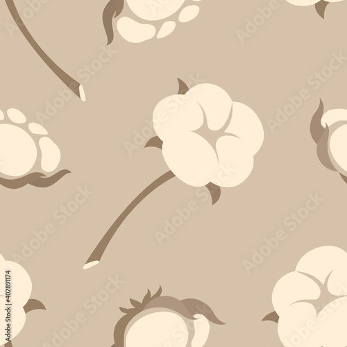 Cotton seamless pattern on a gentle beige isolated background. Vector illustration in a flat style