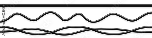 Set of black flexible cables with shadow. Electrical wire. Realistic power or network cable. Vector illustration.