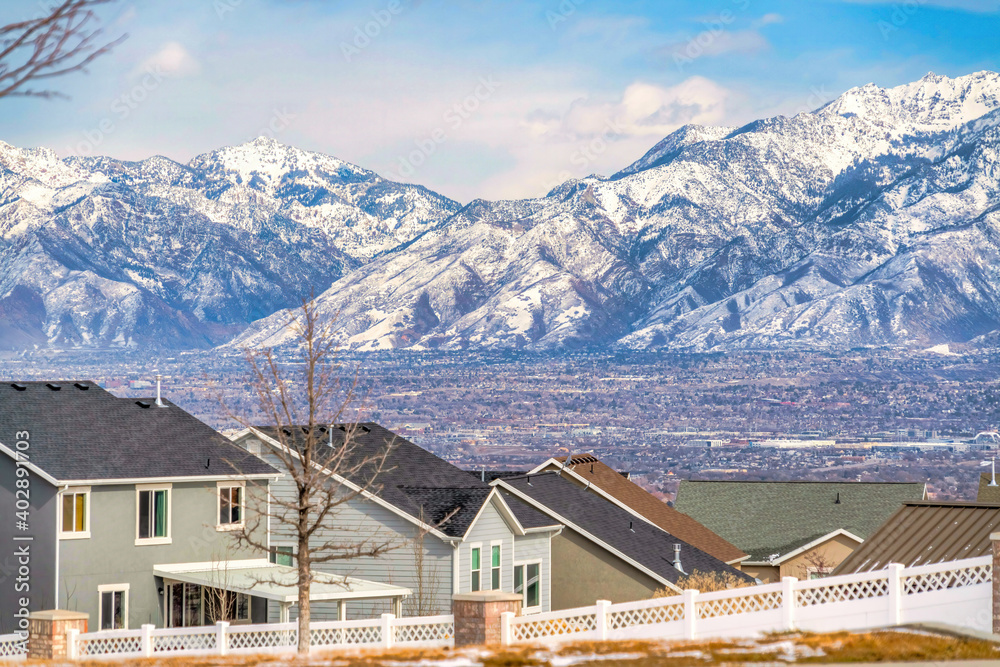 Residential landscape with Wasatch Mountains and valley scenery in background