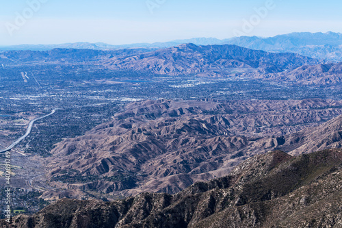 Aerial view towards Sylmar and Pacoima in the San Fernando Valley area of Los Angeles California. 