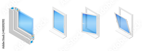 Isometric vector illustration plastic windows isolated on white background. Casement window in different positions: closed, tilted open and swung fully open. Double glazed window pane PVC profile.