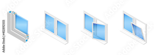 Isometric vector illustration plastic windows isolated on white background. Casement window in different positions: closed, tilted open and swung fully open. Double glazed window pane PVC profile.