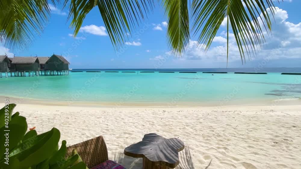 Idyllic view through palm trees to a tropical paradise beach with fine sand and turquoise, clear sea in the Maldives islands, Indian Ocean