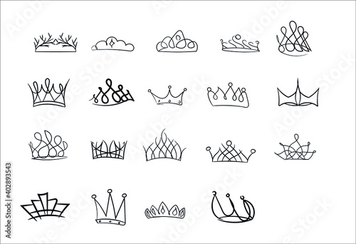 Doodle crowns. Simple illustration on white background. 