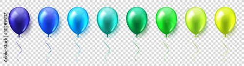 Realistic colorful glossy flying air balloons set. Birthday party. Ribbon. Celebration. Wedding or anniversary.Vector Illustration.