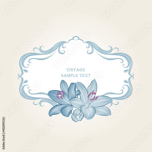 Romantic greeting frame with lily flowers  on a background of peas. Element for creativity and design.