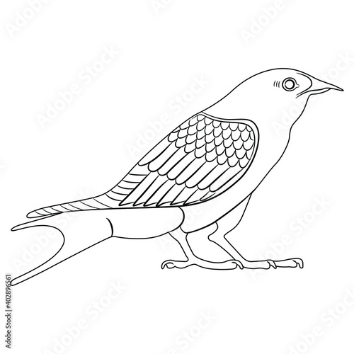 Stylized bird. Ancient Egyptian motif. Black and white linear silhouette.