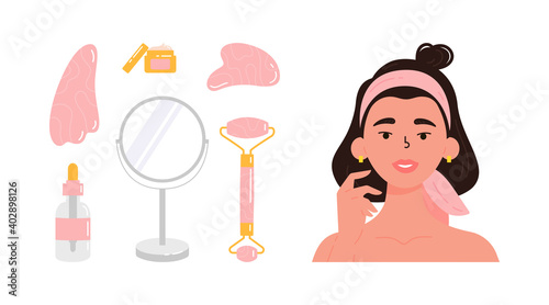 Young beautiful woman with bottle of face serum, facial gua sha stone,roller,mirror,cream. Facial yoga. Brunette woman massaging her face. Anti-aging skin care method. Vector flat illustration. 