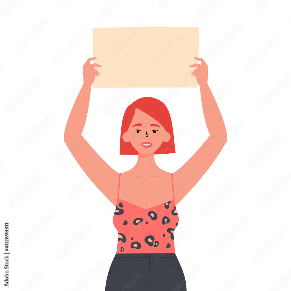 Girl holding a blank poster with place for text. A young woman holds a bullet leaf in her hands. Teenage girl shows a poster. Hand drawn style vector trendy illustration.
