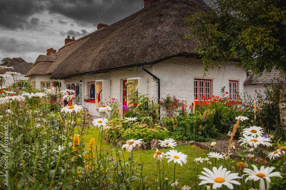 Adare, Ireland. Thatched cottage in the picturesque Village of Adare, Co. Limerick full of flowers in front garden 2019 Ireland, Europe - obrazy, fototapety, plakaty 