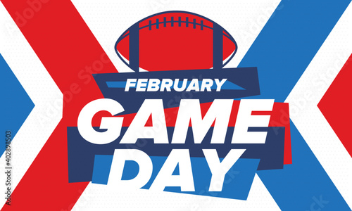 Game Day. American football playoff. Super Bowl Party in United States. Final game of regular season. Professional team championship. Ball for american football. Sport poster. Vector illustration