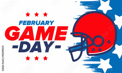 Game Day. American football playoff. Super Bowl Party in United States. Final game of regular season. Professional team championship. Ball for american football. Sport poster. Vector illustration
