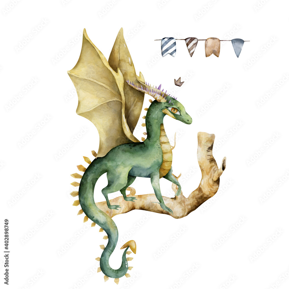 Cartoon cute Dragon character. Hand drawn watercolor boho isolated ...