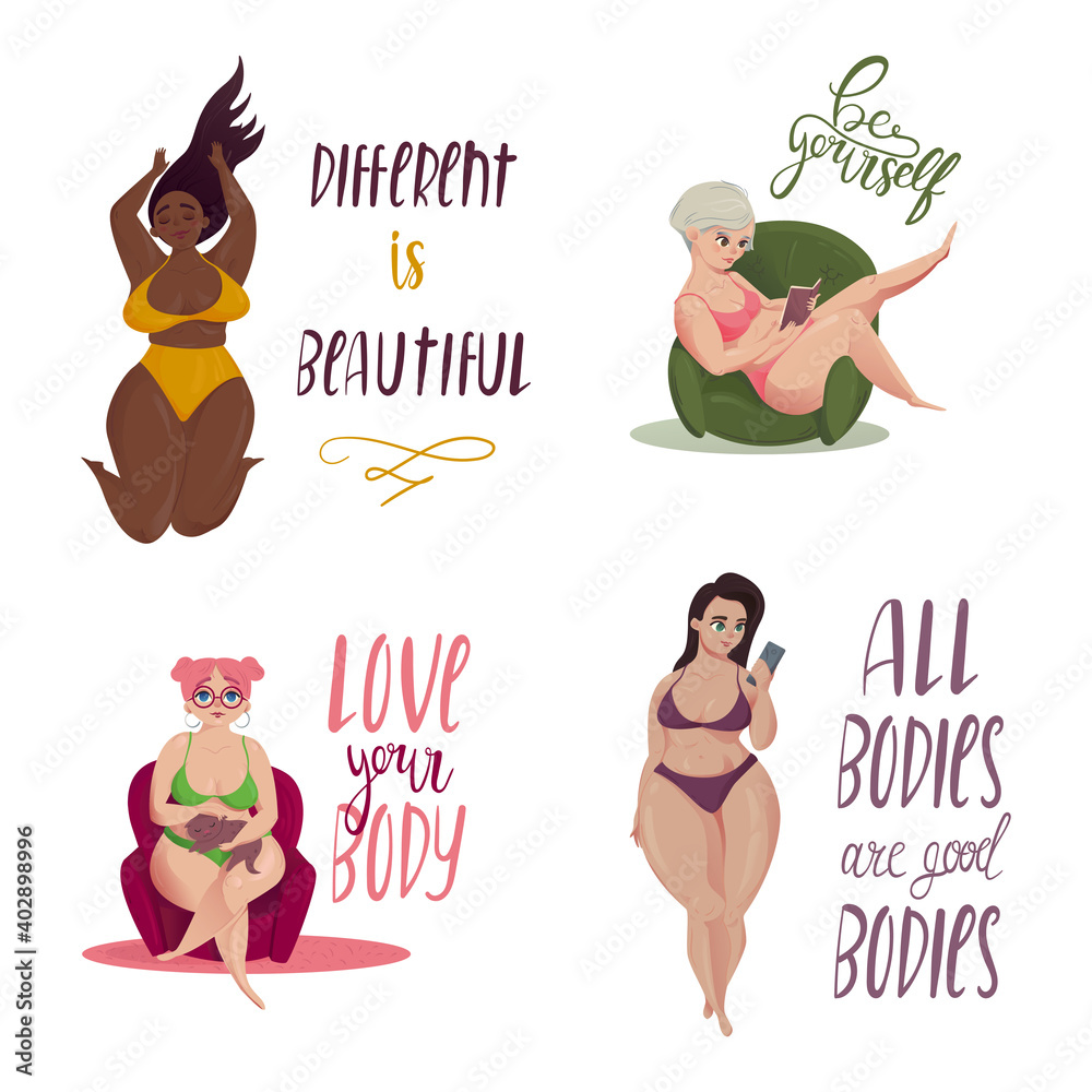 Vettoriale Stock Happy body positive concept. I love my body. Attractive  overweight woman. For Fat acceptance movement, no fatphobia. Different plus  size women. Illustration on white background with lettering. | Adobe Stock