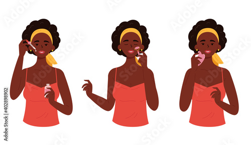 Young African American woman with bottle of face serum, facial gua sha stone and roller. Facial yoga. Brunette woman massaging her face. Anti-aging skin care method. Vector flat illustration. 