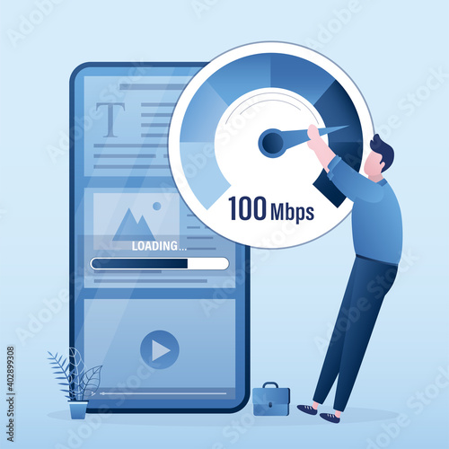 Slow loading of media content on smartphones. Speed test. Male user pulls an arrow on measuring scale. Signal quality improvements, tariff with fast mobile Internet.