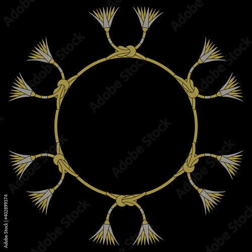 Round floral decor or frame with ancient Egyptian lotus motifs. On black background.