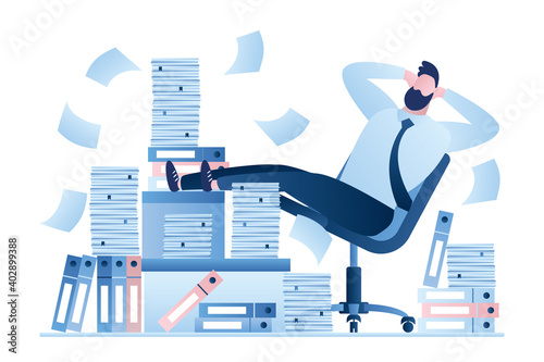 Office overwork and paperwork on workplace. Huge heap of paper documents, folders. Businessman have break time.