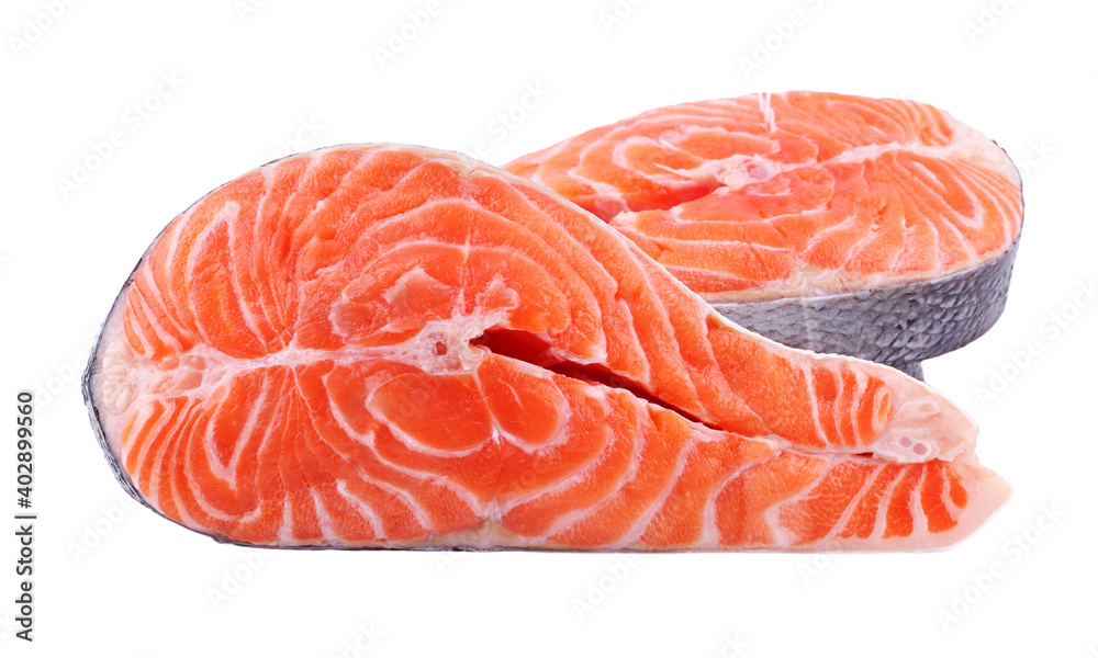 Salmon steak, fresh fish slice, trout on white isolated background with clipping path, full depth of field Salmon steak, fresh fish slice, trout on white isolated background with clipping path, full depth of field