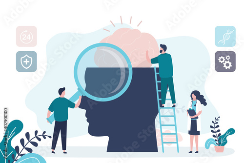Mental health care treatment concept. Specialist doctor work to give psychology therapy. Tiny people, teamwork.