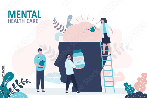 Mental health care treatment. Doctor stands on stairs with watering can. Group of neurologists treat patient