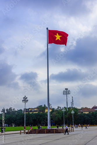 HANOI, VIETNAM, 4 JANUARY 2020: Vietnamese national flag in the Mausoleum of Ho Chi Minh