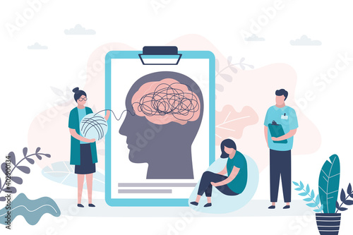 Group of psychologists consulting patient. Psychotherapist examining female patient. Psychologist talks to woman about problems.