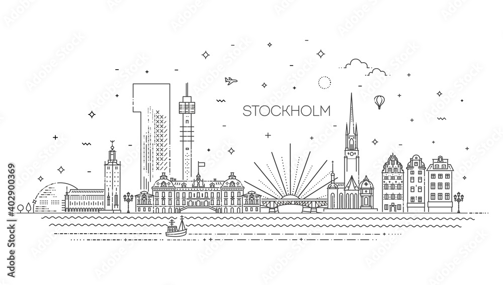 Stockholm line skyline with panorama in white background