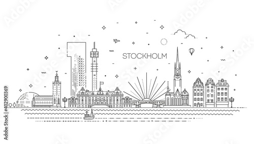 Stockholm line skyline with panorama in white background