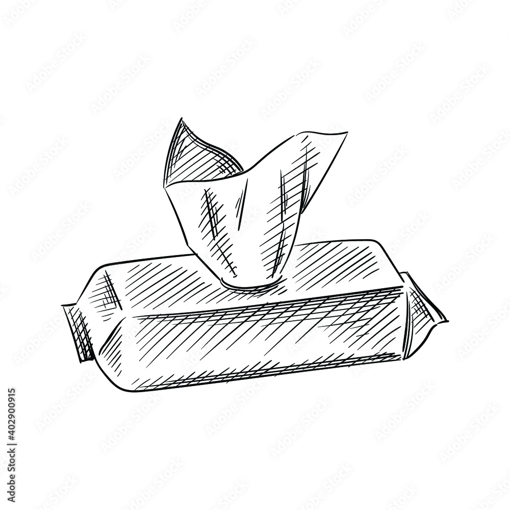 Hand drawn sketch of wet wipes on a white background. Black and white