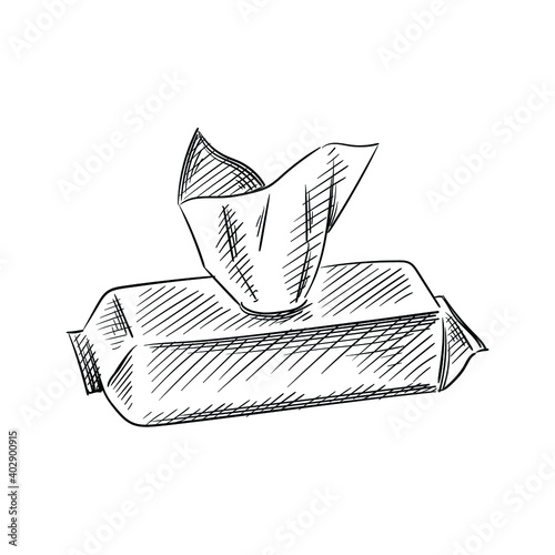 Hand drawn sketch of wet wipes on a white background. Black and white sketch of wet napkins. Baby items.