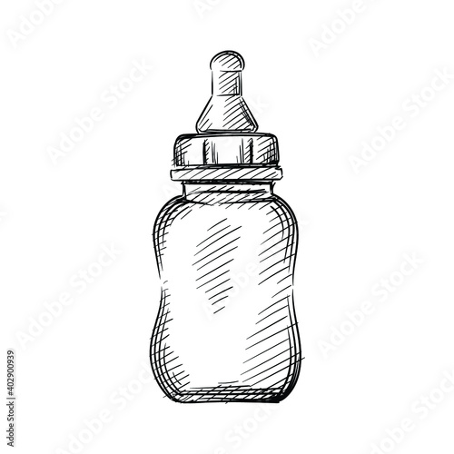 Hand drawn sketch of baby milk bottle with pacifier on a white background. Black and white sketch of milk bottle for babies. Baby items.