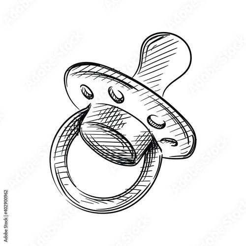 Hand drawn sketch of pacifier for babies on a white background. Black and white sketch of pacifier, baby's dummy. Baby items.