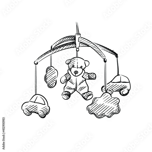 Hand drawn sketch of bed carousel, hanging rattle on a white background. Black and white sketch of hanging rattle. Baby items.