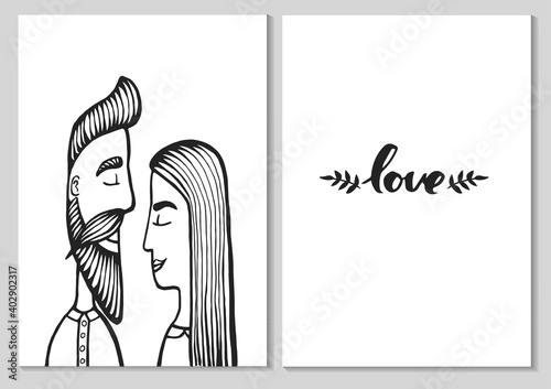 cards of cute couple. Doodle. Vector Illustration Hand drawn cartoon character. Hipster man with mustache, beard with girl.