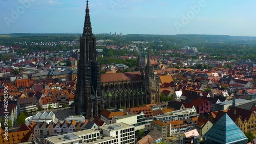 Aerial view of the Ulm münster cathedral in Germany on a sunny spring day morning. photo