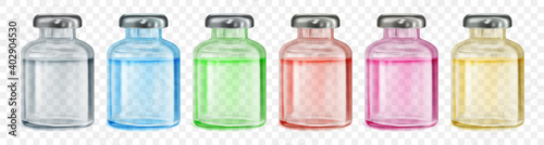 Set of realistic translucent coronavirus vaccine bottles with multicolored liquid on transparent background