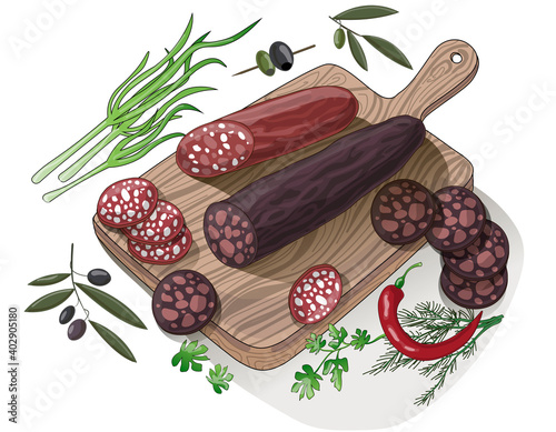 Set. Drawn on the kitchen board are two sausage sticks, sausage slices, chili peppers, sprigs of dill, parsley, onions and olives. Illustration in cartoon style isolated on white background.