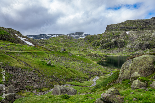 Rocky landscape with snow fields in Norway