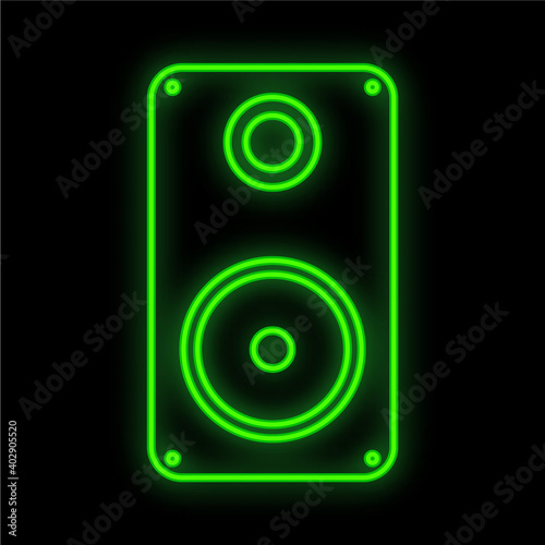 Bright luminous green digital neon sign for a store or workshop service center beautiful shiny with a music audio column on a black background. illustration