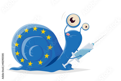 cartoon illustration of a slow snail in EU flag colors with vaccine